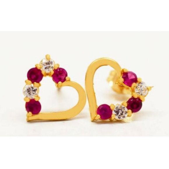 Rubies & White Sapphires Heart Stud Earrings 14k Gold